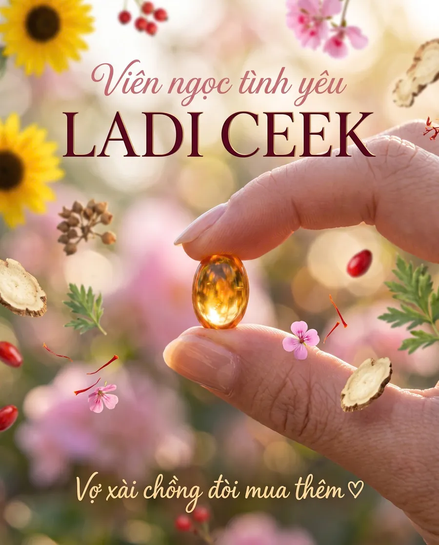 Viên ngọc Ladi CEEK màu vàng trong veo trên đầu ngón tay, xung quanh là hoa và thảo mộc